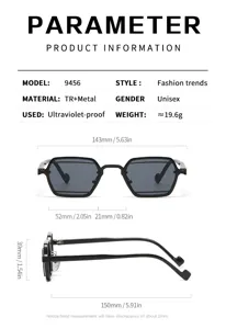 TR Metall Sonnenbrille Spezifikationen mit exakten Abmessungen und leichtem Design.