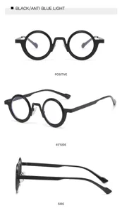 Detailansicht der schwarzen runden Blaulichtfilter Brille aus verschiedenen Perspektiven.