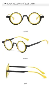 Detailansicht der schwarz-gelben runden Blaulichtfilter-Brille aus mehreren Blickwinkeln.
