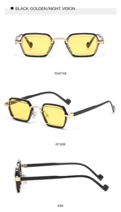 Nahaufnahmen stilvoller schwarz-goldener Polygon-Sonnenbrille mit gelben Gläsern für Streetstyle.