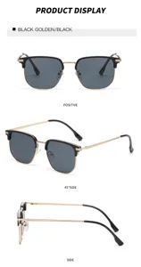 Detailansicht der retro quadratischen Metallrahmen Sonnenbrille in Schwarz Gold Optik.