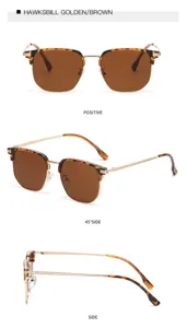 Detailansicht modischer quadratischer Metallsonnenbrille mit braunen Gläsern in Ansichten.