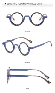 Detailansicht der trendigen blauen runden Blaulichtfilterbrille mit schöner Schildpatt-Einfassung.
