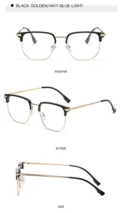 Schwarz-goldene Halbrahmen-Viereck-Blaulichtfilter-Brille Vintage-Metalloptik-Fassung