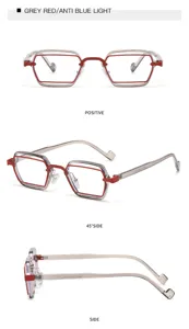 Modische geometrische Blaulichtfilter-Brille mit grau-roten Rahmen und klarem Trenddesign.