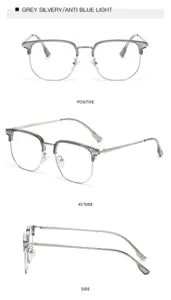 Graue silberne Blaulichtfilter Eckige Brille, stilvoller Metall Halbgestell Brille für den Alltag.