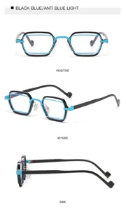 Strenge schwarz-blaue geometrische Blaulichtfilter Brille mit multi-Ansicht Details.