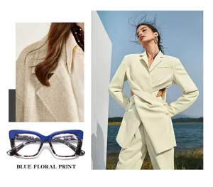 Blue floral cat eye blue light blocking glasses stylish optical frame for women detail view.