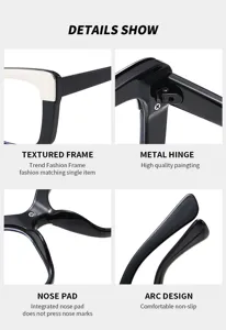 Detail view of anti-blue light cat-eye glasses featuring metal hinges and nose pads.