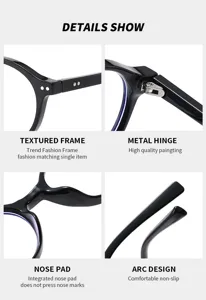 Detailed view of black retro optical eyeglasses frame showing texture, hinge, and nose pad design.