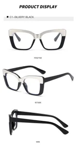 Detailed view of fashionable plastic cat-eye anti-blue light glasses in black and silver.