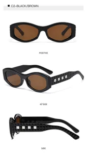 Elegante schwarze Sonnenbrille mit braunen Gläsern und nietenbesetzten Bügeln für Damen.