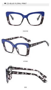 Blue floral print cat eye optical glasses frame, fashion blue light blocking eyewear.