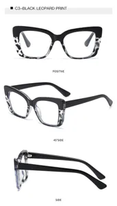Detail view of plastic cat-eye anti-blue light glasses in black and leopard print style.