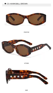 Detailansicht trendiger Schildpatt-Sonnenbrille mit stylischen Nietenbügeln und braunen Gläsern.