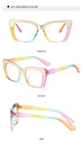Detail view of gradient cat-eye blue light blocking glasses with stylish golden frame rim.