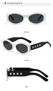 Detailansicht modischer Sonnenbrille mit dickem Rahmen und einzigartigen nietenbesetzten Bügeln.