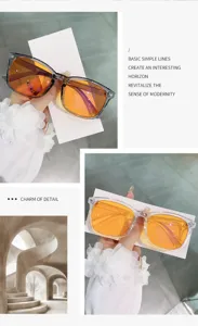 Lunettes de soleil carrées tendance en plastique transparent et verres orange pour femmes.