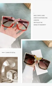 Fashion large frame rhinestone sunglasses with stunning butterfly crystal details and gradient lenses.