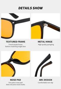 Gros plan des détails de lunettes carrées à monture noire et verres jaunes, charnière et plaquette.