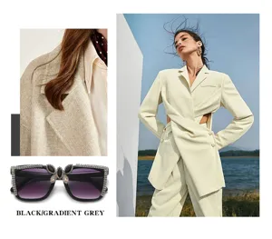 Fashion large frame rhinestone sunglasses with gradient grey lenses for outdoor travel.