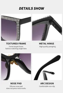 Fashion rhinestone sunglasses detail showcase with textured frame and metal hinge design