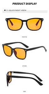 Vue détaillée de lunettes de soleil carrées noires à verres orange présentant un design multi-angles.