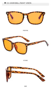 Lunettes de soleil carrées écaille avec verres orange de vision nocturne, détail.