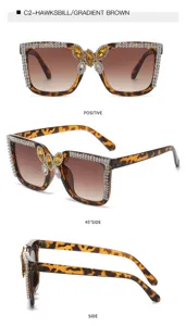 Fashion large frame rhinestone sunglasses with butterfly crystal and gradient brown lenses.