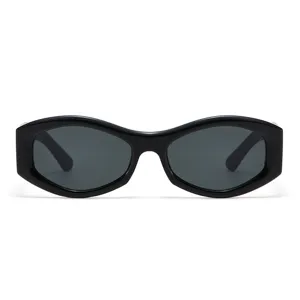 Schwarze Kunststoff-Sonnenbrille mit trendiger geometrischer Ovalform Hauptansicht.