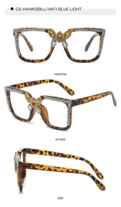 Detailed view of large frame tortoiseshell rhinestone glasses with crystal butterfly.