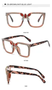 Fashionable large frame rhinestone anti-blue light glasses with crystal butterfly decor.