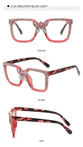 Fashion red rhinestone butterfly anti blue light glasses large frame optical eyewear detail view.