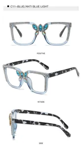 Large frame anti-blue light glasses with sparkling rhinestones and blue butterfly accent.