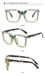 Stylish large frame anti-blue light glasses with sparkling rhinestones and green butterfly decor.