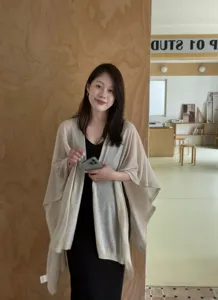Mujer verano mezcla de lino cardigan abierto casual suelto abrigo capa playa cubierta