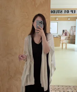 Mezcla lino verano mujer chaqueta abierta playa capa casual suelto ligero ropa exterior detalle