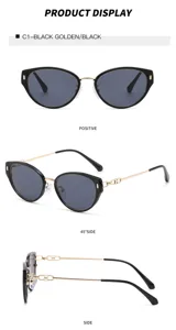 Detailed view of fashionable cat-eye sunglasses featuring chic black frames and gold temples.