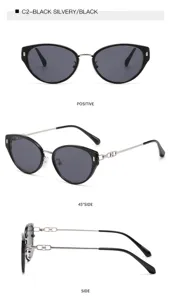 Chic cat-eye sunglasses with sleek black frame and silver metal temples for outdoor sun protection.