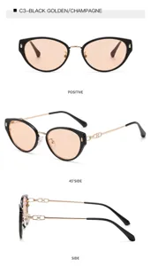 Cat-eye sunglasses for women stylish black frame gold temples champagne lenses UV protection