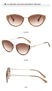 Cat eye sunglasses for women, gradient brown lenses with stylish gold chain metal temples.