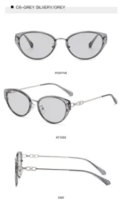 Stylish grey cat-eye sunglasses with metal temples, UV protection, daily outdoor wear.