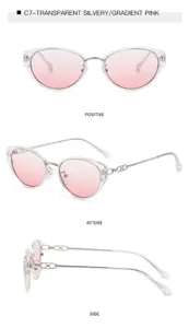 Stylish transparent silver cat eye sunglasses with gradient pink lenses and metal chain temples.
