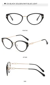 Stylish black and gold cat-eye anti-blue light glasses with delicate metal temples for women.