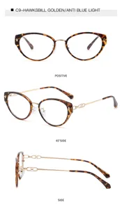 Detail view of tortoiseshell cat-eye anti-blue light glasses with elegant gold temples.