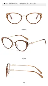 Brown golden cat eye anti blue light glasses detail showing multi angles and frame design.