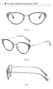 Stylish grey silvery anti blue light cat eye glasses for women, clear vision daily wear.