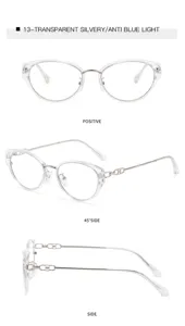 Transparent silver cat eye blue light blocking glasses detail multi-angle product display view