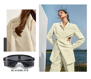 Detailed view of large frame sports sunglasses and fashion apparel textures for outdoor wear.