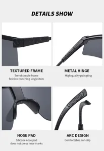 Kids sunglasses detail view showing textured frame, metal hinge, silicone nose pad and arc design.
